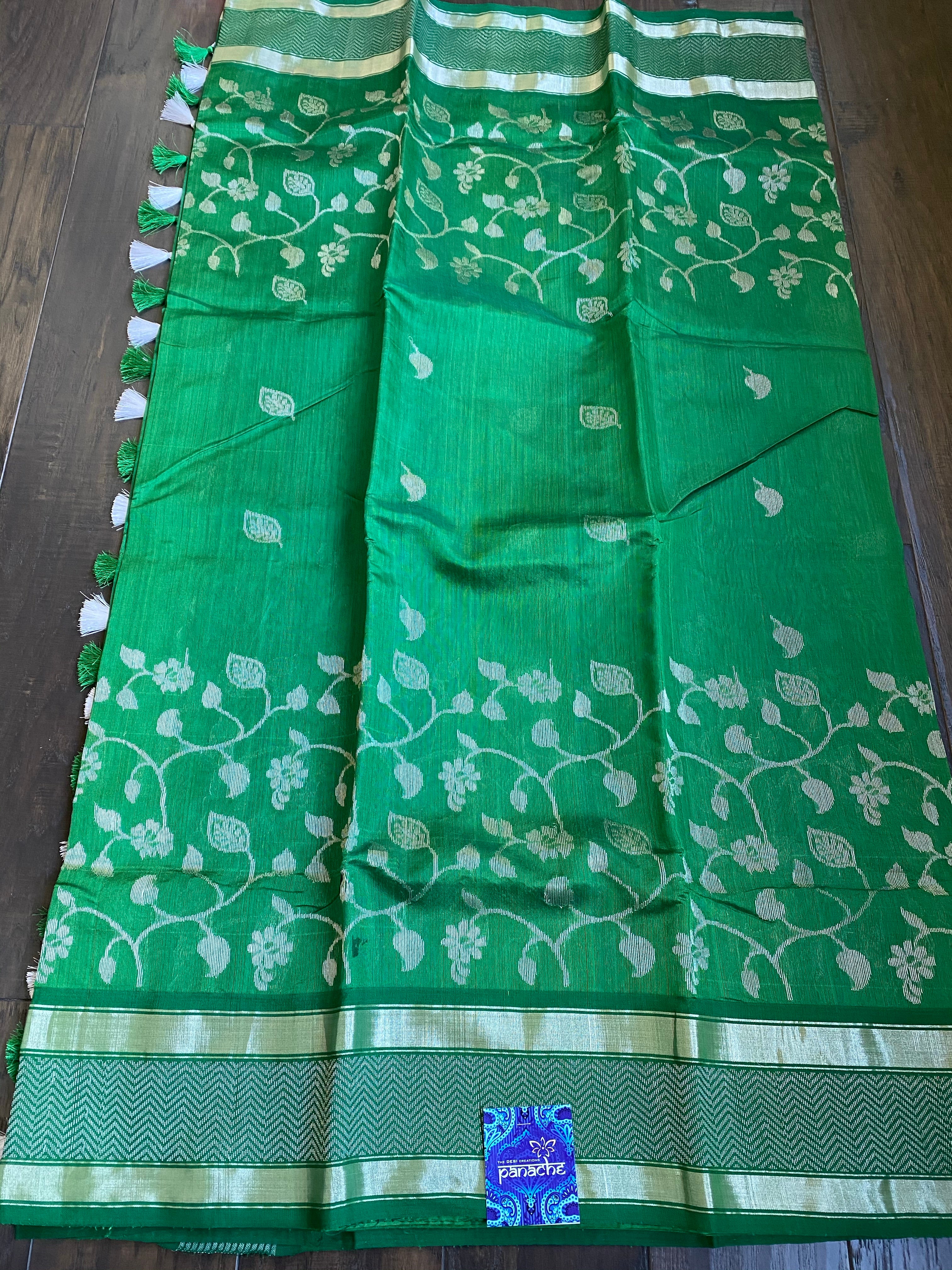 Pure Chanderi Silk - Green Silver Zari
