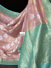 Tussar Georgette Banarasi- Peach Pink Sea Green