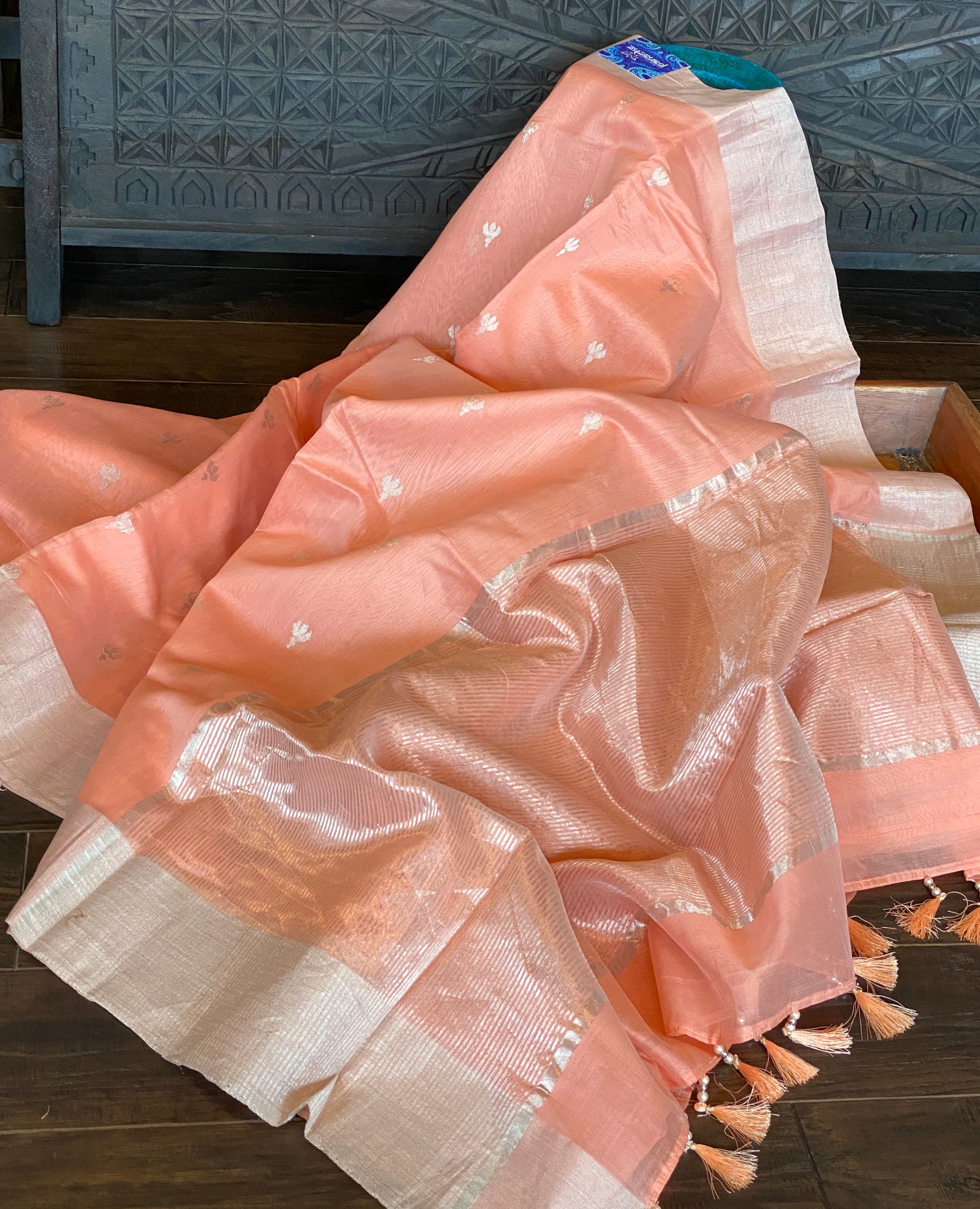 Chanderi Silk Cotton - Peach Silver Zari
