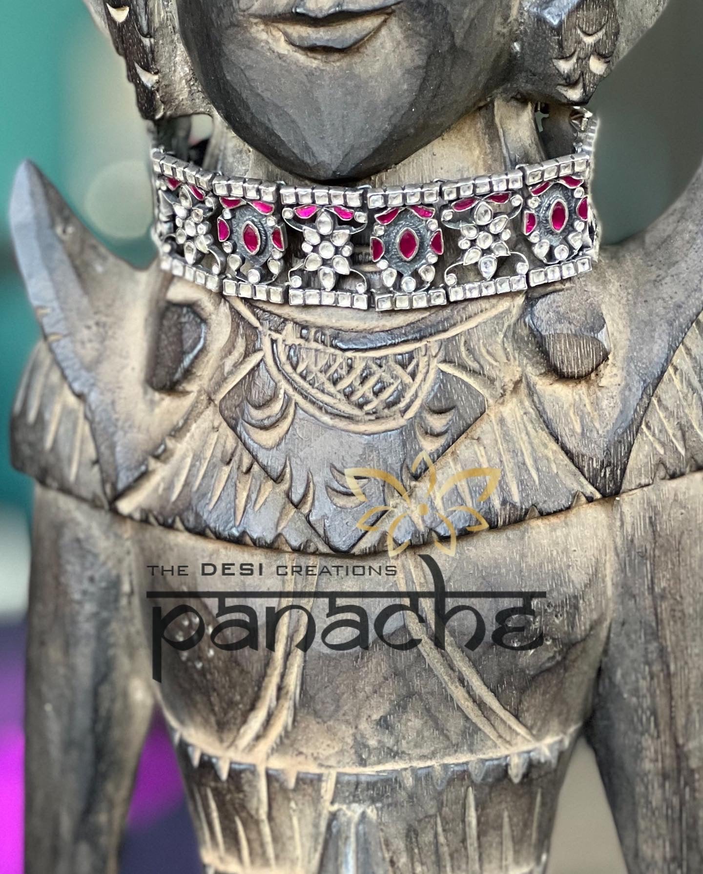 Silver 925 Choker Set - Silver Pink Kundan Stone