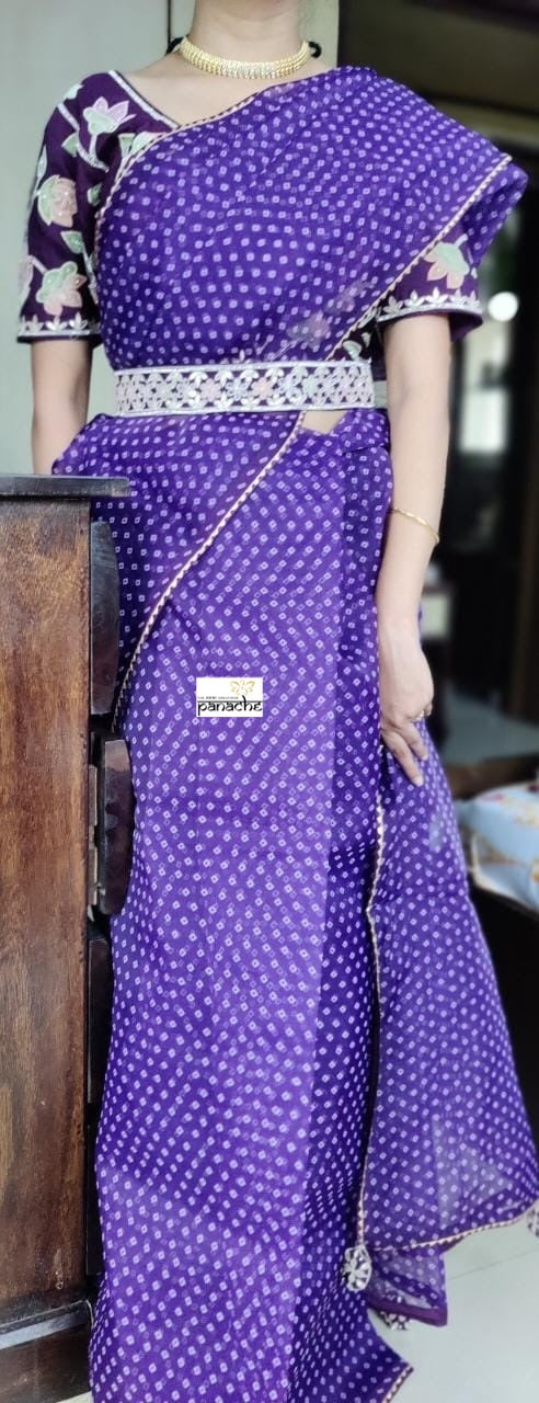 Designer Organza Bandhej - Purple Saree-Blouse Set
