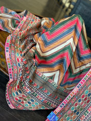 Satin Maslin Silk Printed - Beige Multi color Chevron