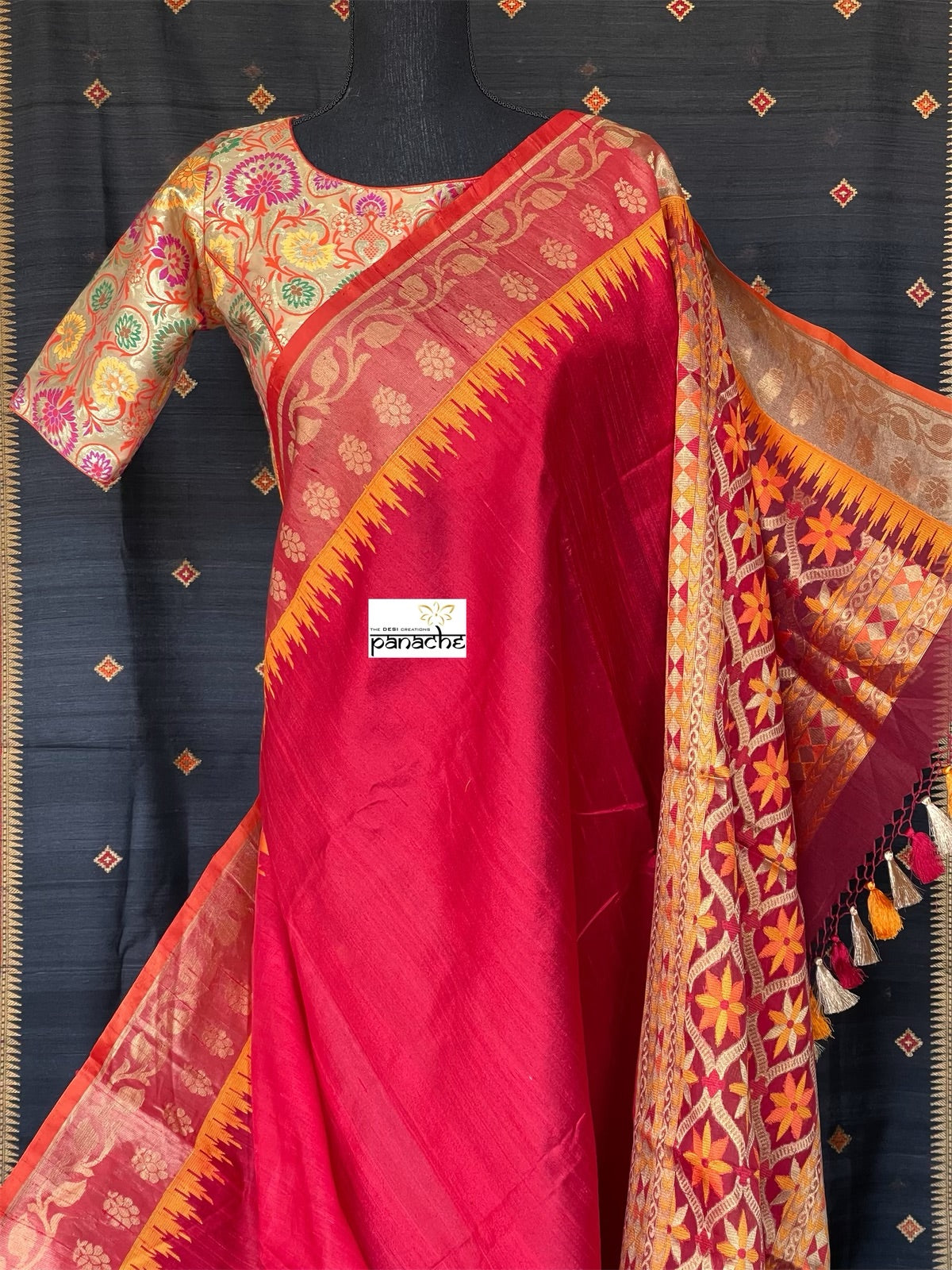 Tussar Silk Banarasi - Red Yellow Paithani Border