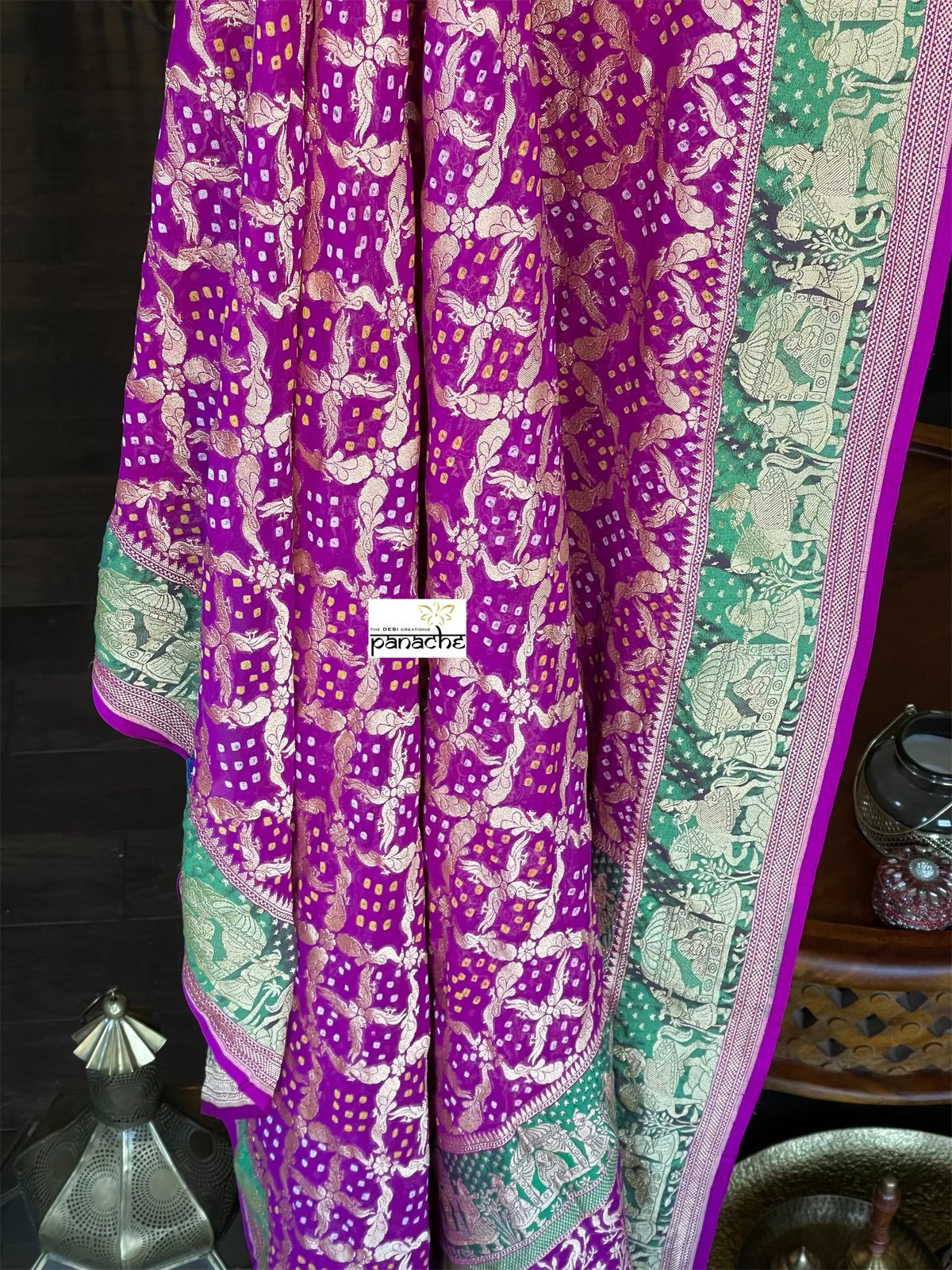 Bandhej Khaddi Georgette Banarasi - Purple Green