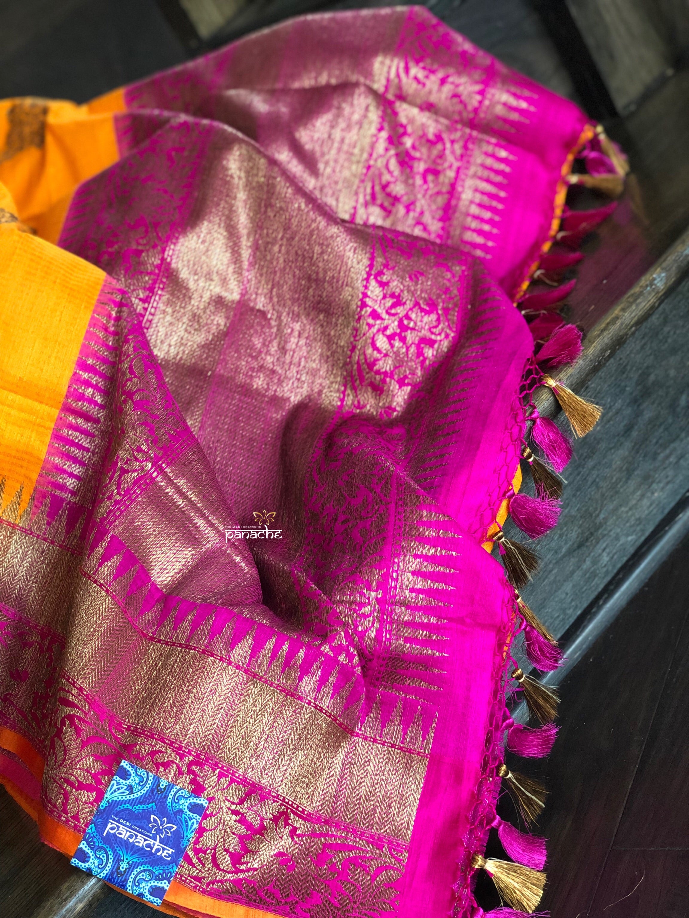 Tussar Silk Dupion Banarsi - Golden Yellow