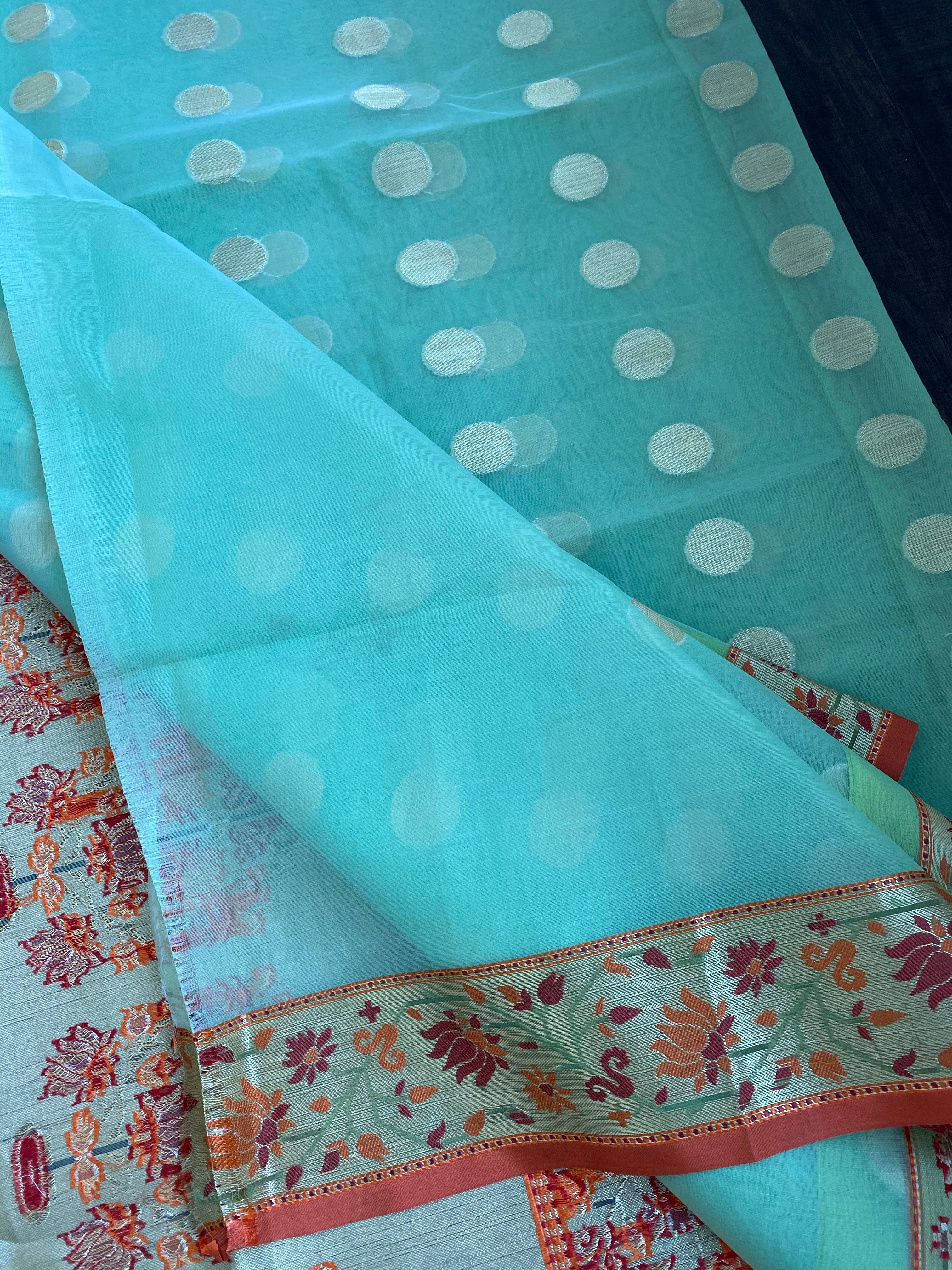 Kora Silk Paithani - Pista Green Orange