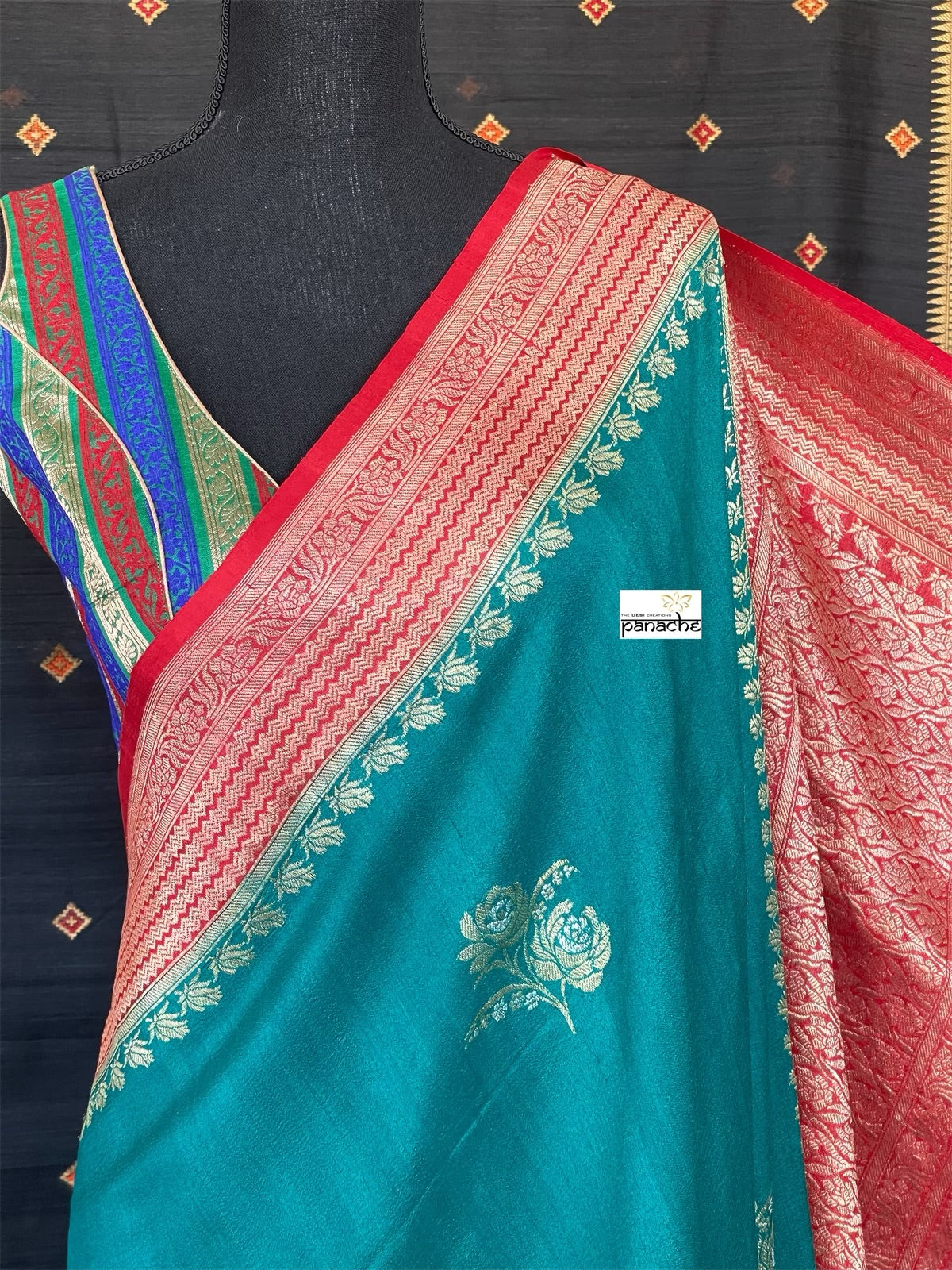 Tussar Georgette Banarasi - Rama Green Red Kadwa