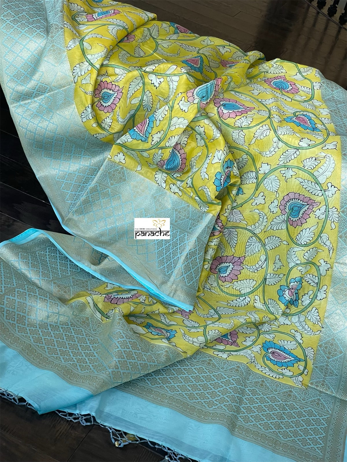 Pure Cotton Silk Kalamkari Banarasi- Yellow