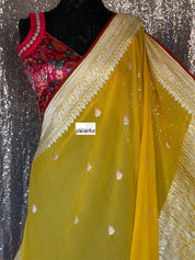 Khaddi Georgette Banarasi - Yellow Red Khadhua Woven