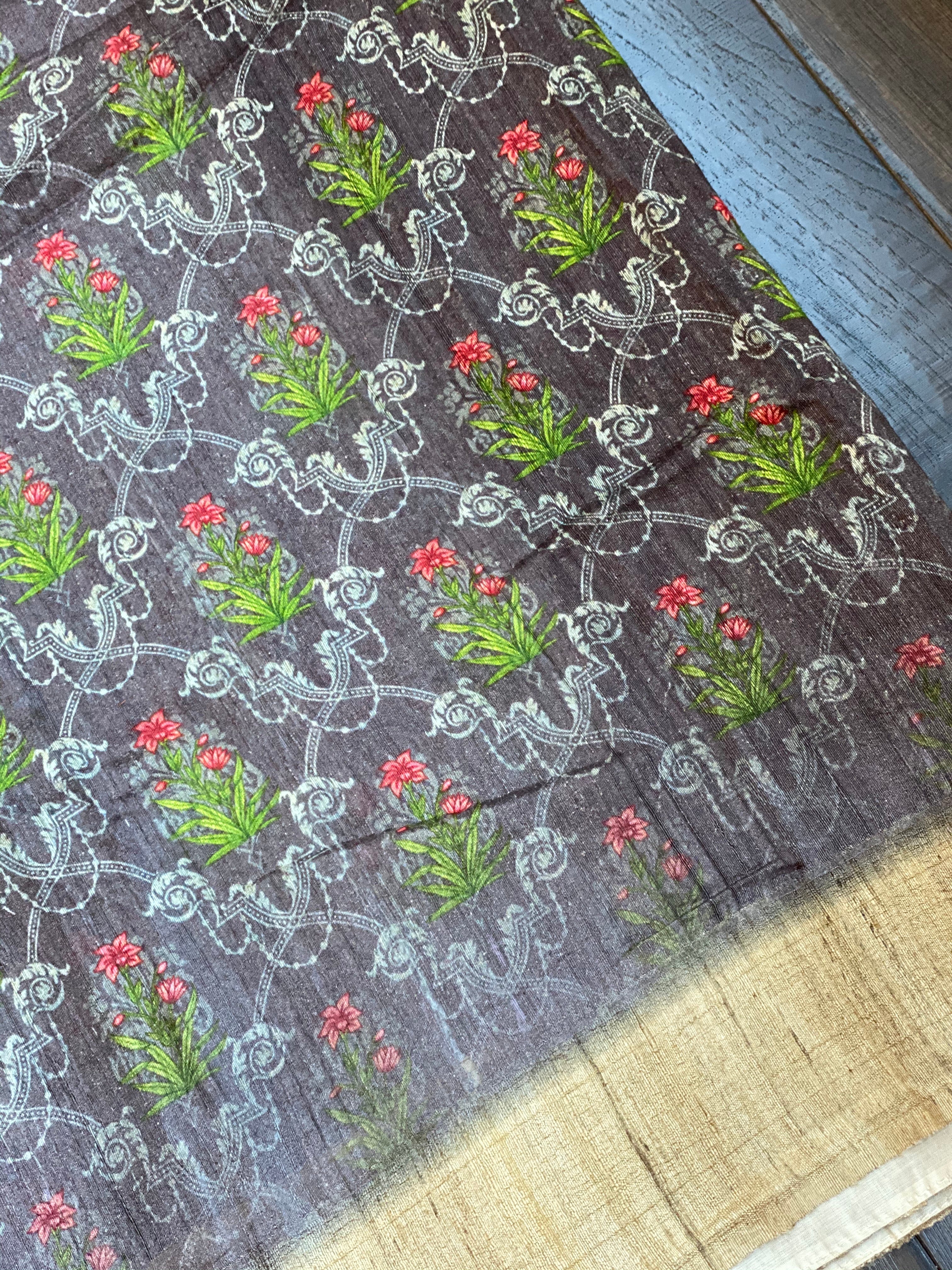 Pure Gicha Tussar Silk - Mauve  Brown Digital Printed