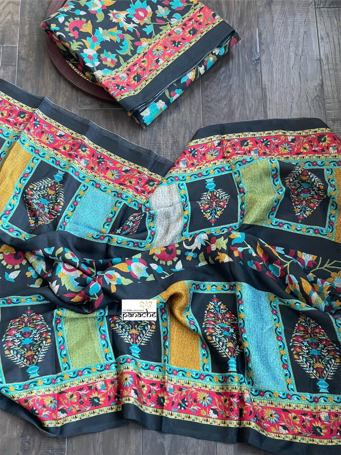 Pashmina Silk Printed - Black Firozi Floral