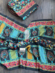 Pashmina Silk Printed - Black Firozi Floral