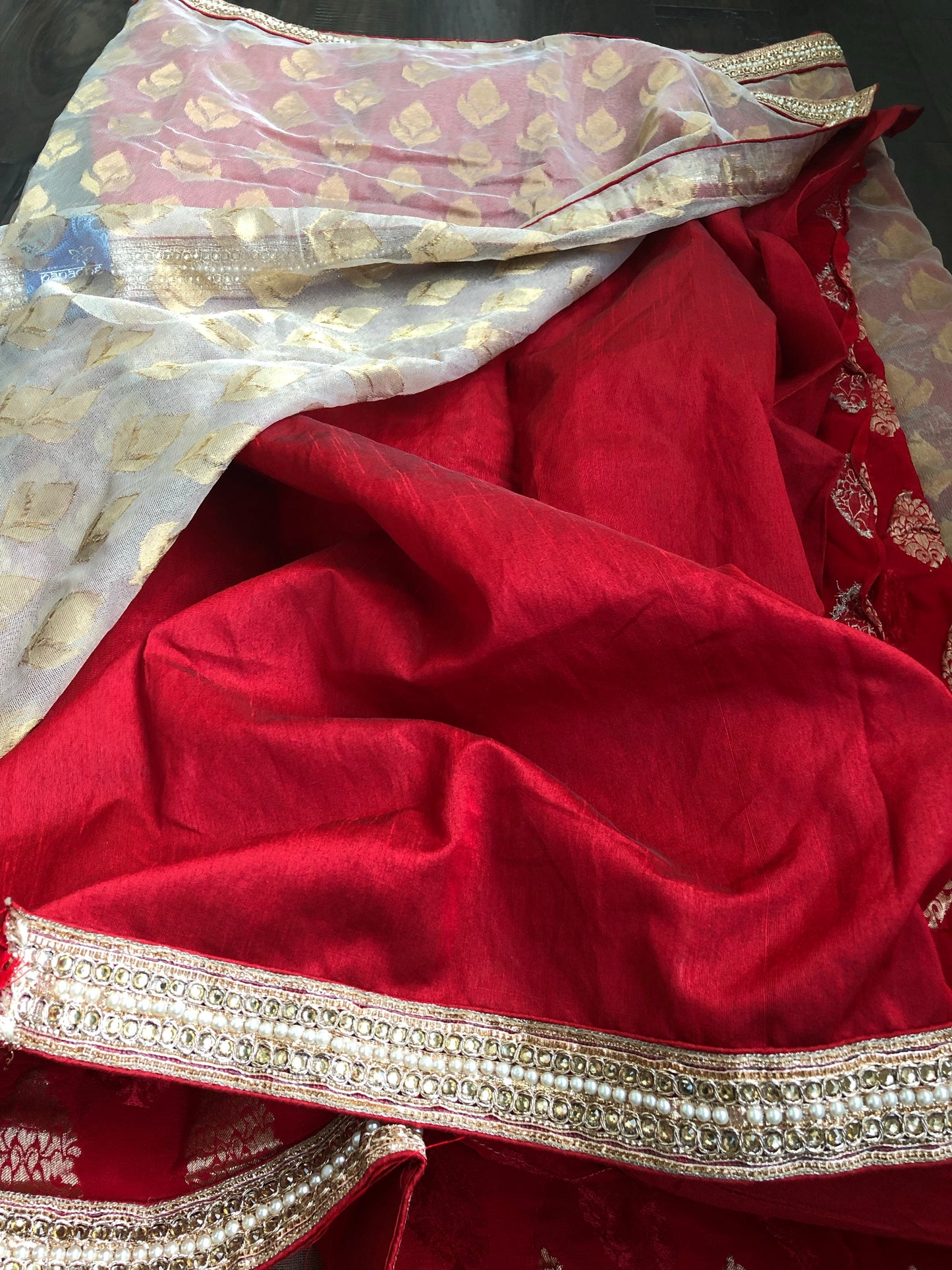 Designer Saree - Golden Tissue Red Soft Silk Half Half