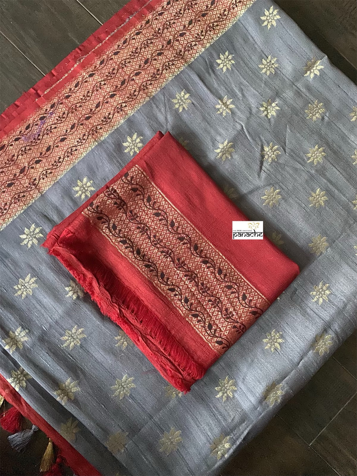 Tussar Georgette Banarasi- Grey Maroon Black