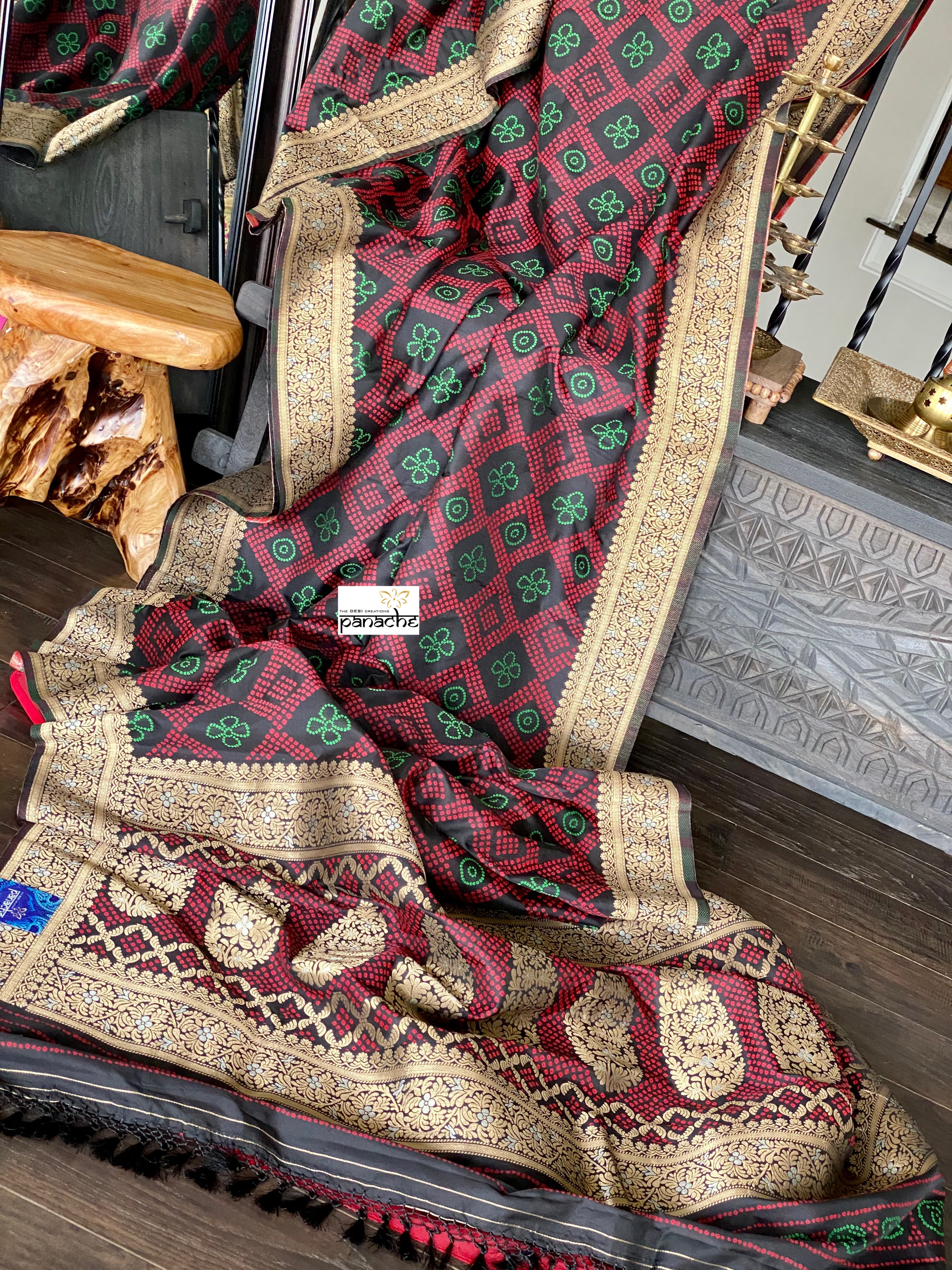 Soft Silk Bandhni Banarasi - Black Maroon Green