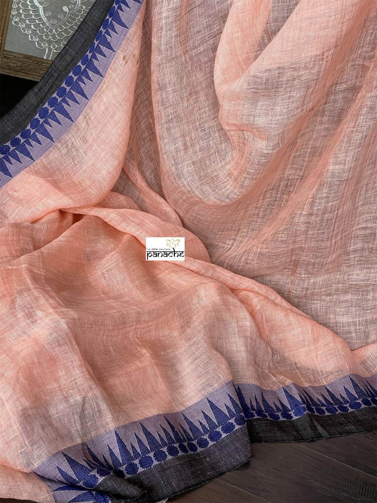 Pure Handloom Linen - Peach Blue Jamdaani Weave
