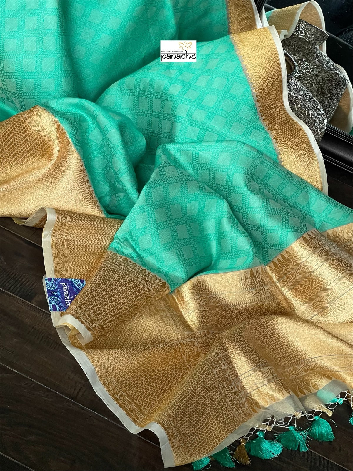 Pure Silk Banarasi - Sea Green Beige Antique Golden Zari