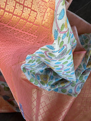 Pure Cotton Silk Kalamkari Banarasi- Off White Peach