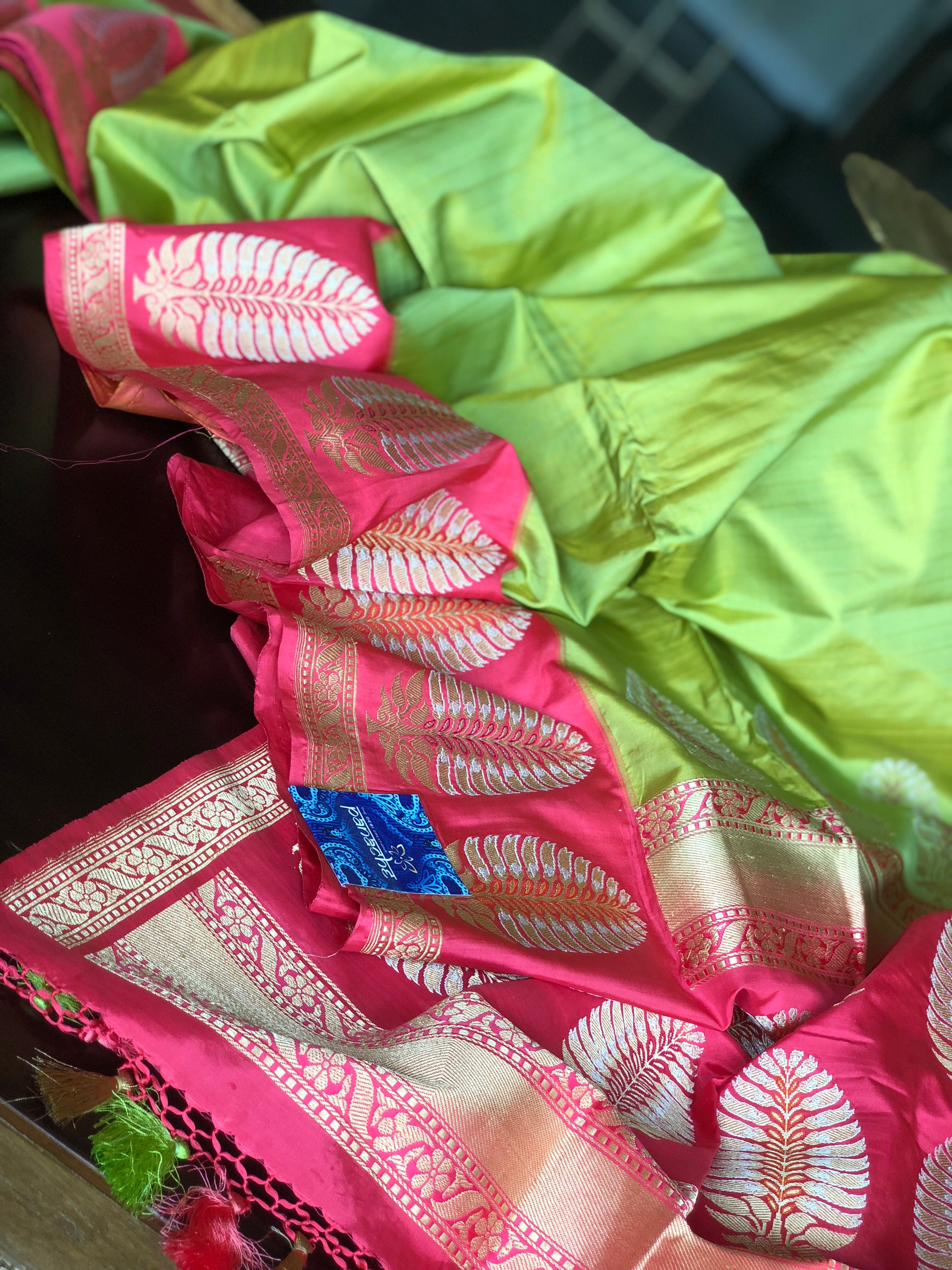 Pure Silk Katan Banarasi - Pista Green Pink