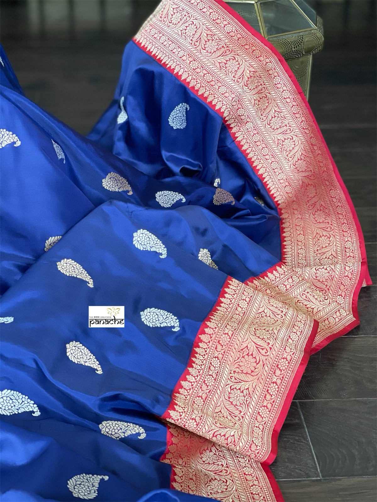 Pure Silk Katan Banarasi - Navy Blue Red Kadhwa