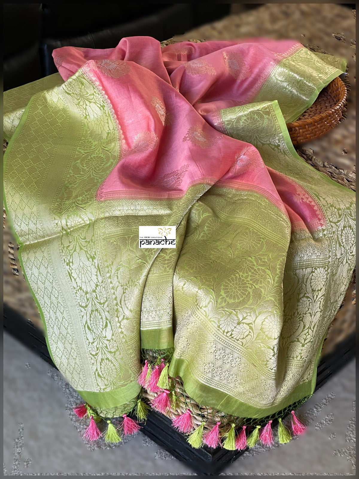 Mulmul Tissue Cotton Banarasi - Pink Green Golden Zari