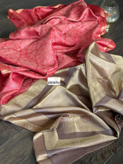 Tussar Silk - Coral Red Resham Woven
