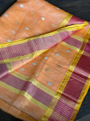 Pure Chanderi Katan Silk - Peach Silver Golden Zari