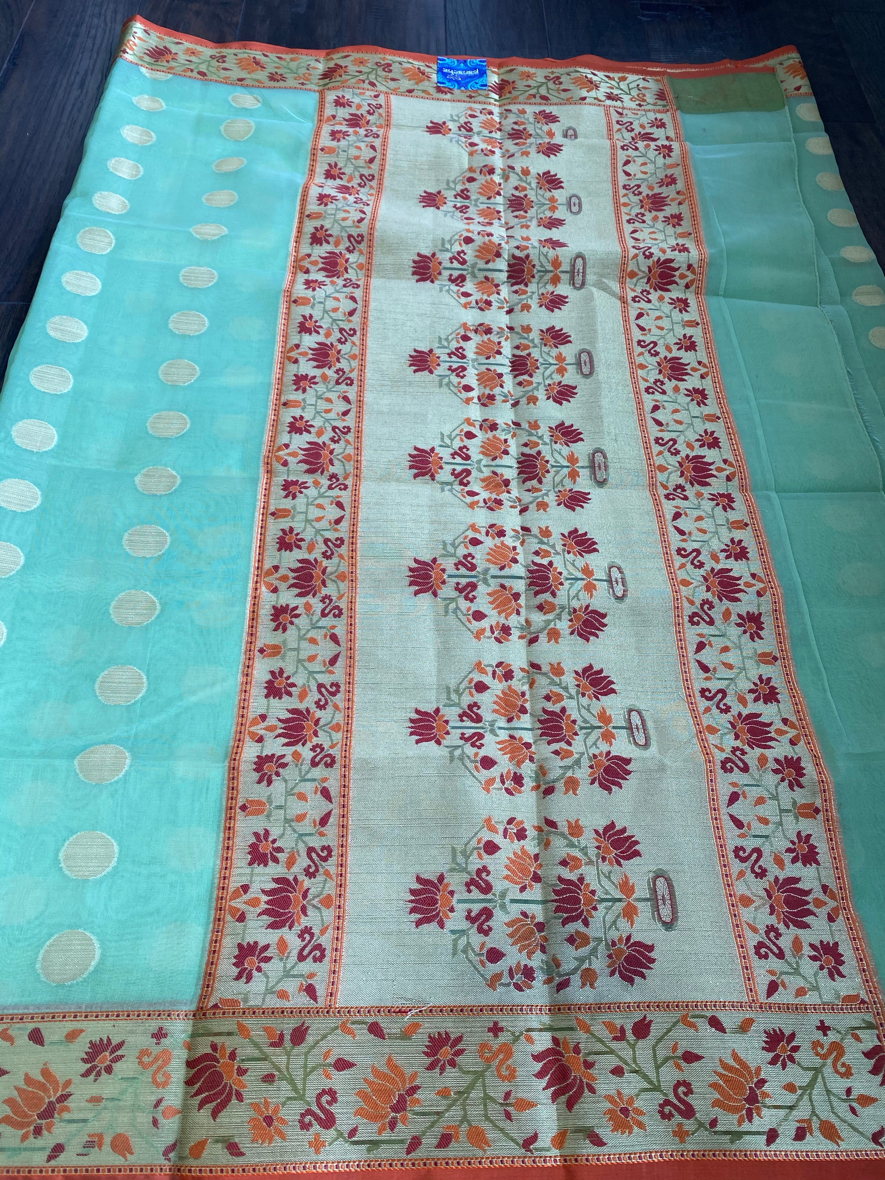 Kora Silk Paithani - Pista Green Orange