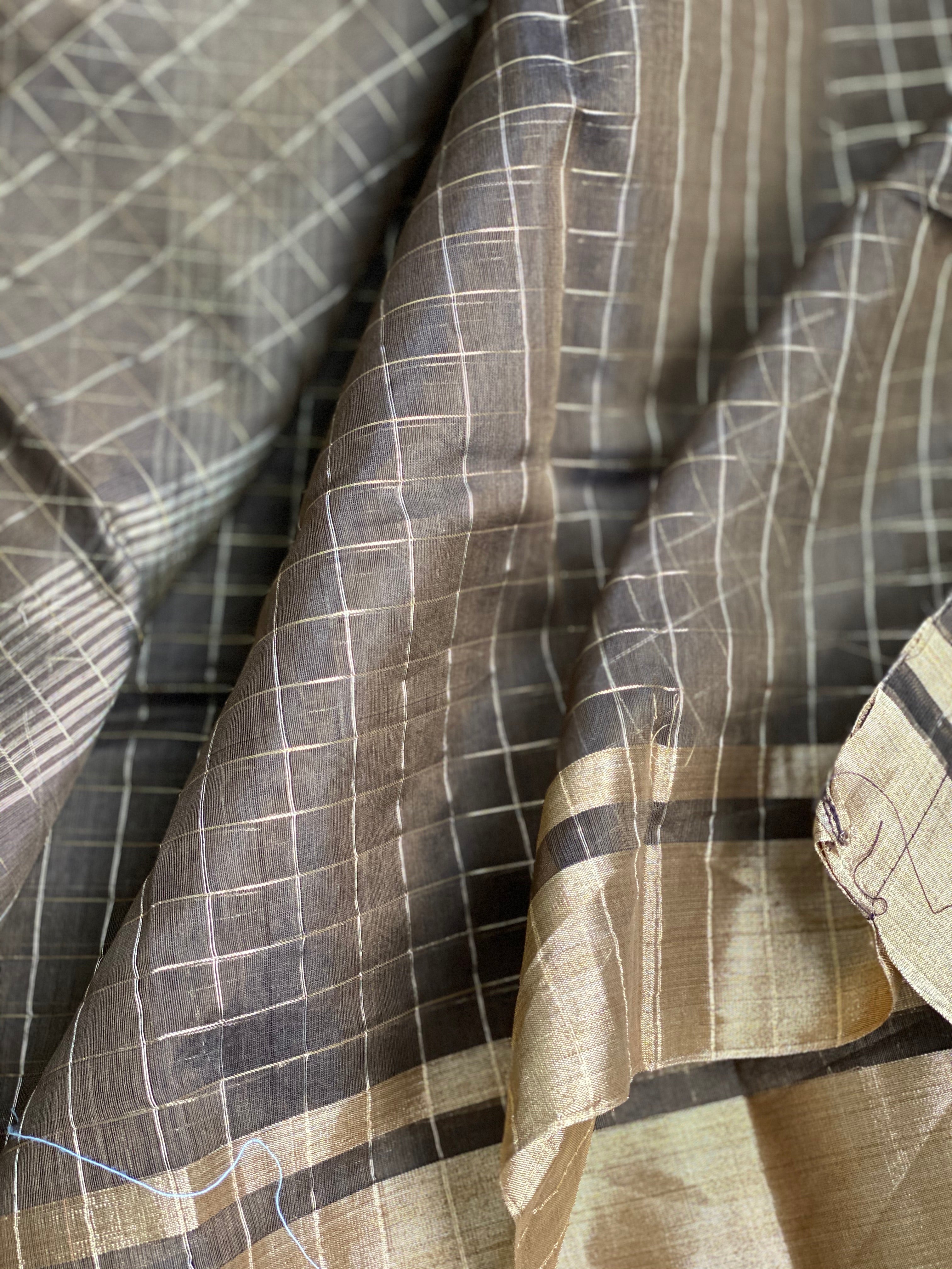 Chanderi Cotton Silk - Greenish Brown Zari checks