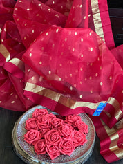 Pure Chanderi Organza Silk - Red Golden Zari