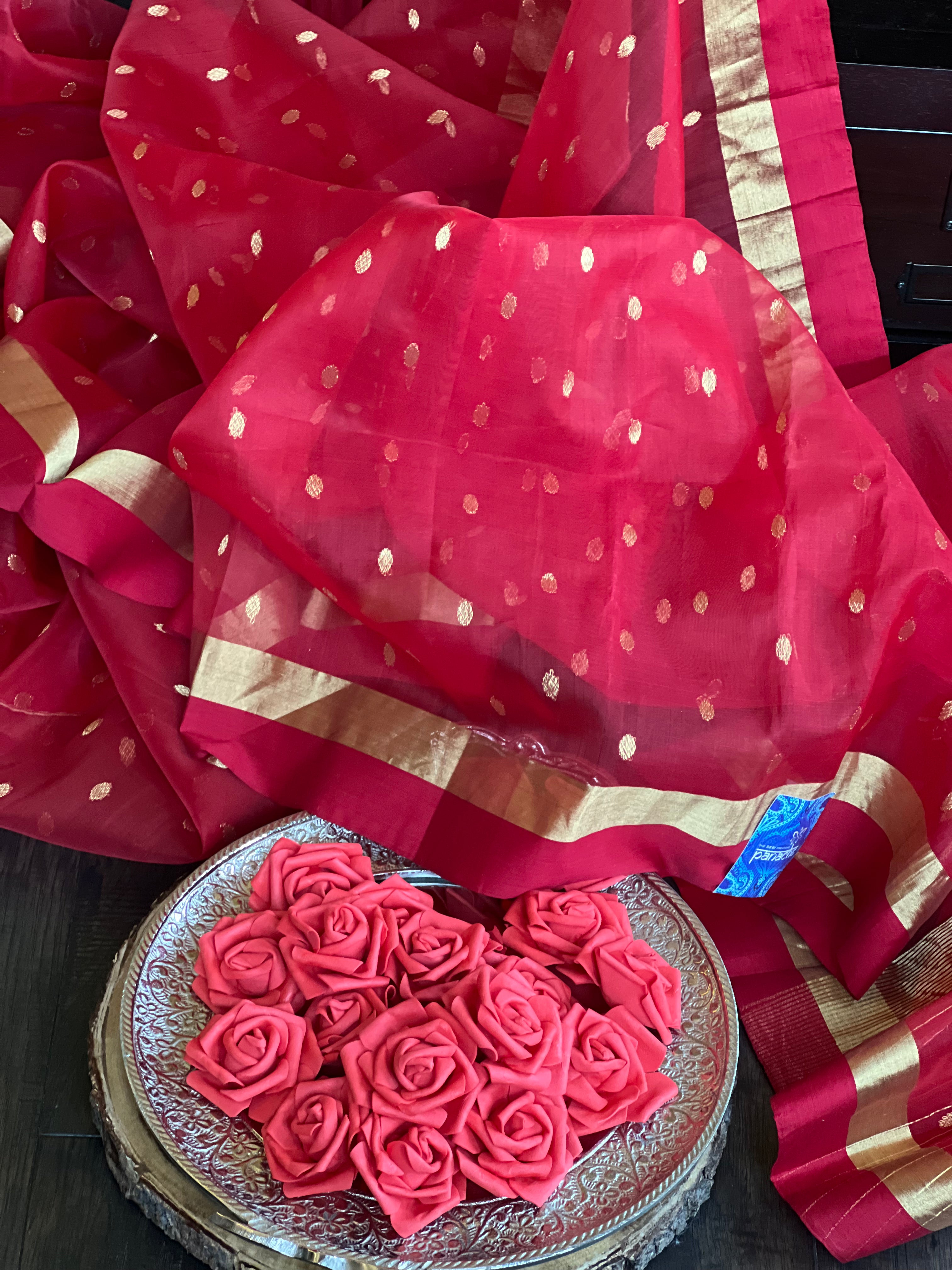 Pure Chanderi Organza Silk - Red Golden Zari