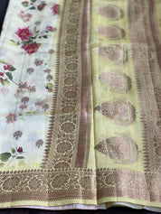 Chiniya Silk Banarasi Floral - Lemon Yellow Golden Zari