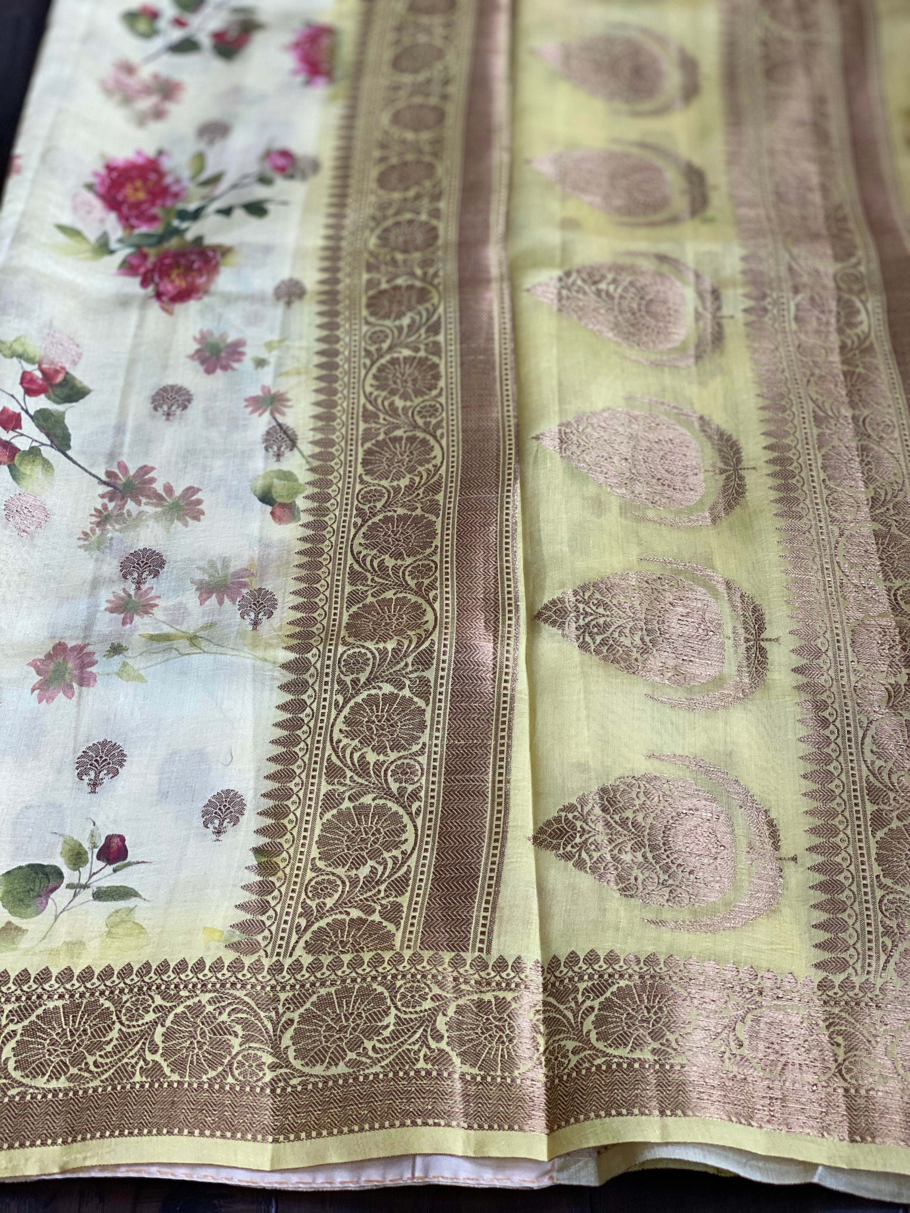 Chiniya Silk Banarasi Floral - Lemon Yellow Golden Zari