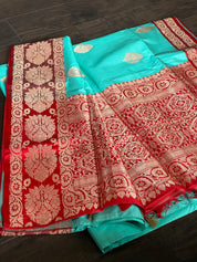 Katan Silk Banarasi - Aqua Sea-green Red