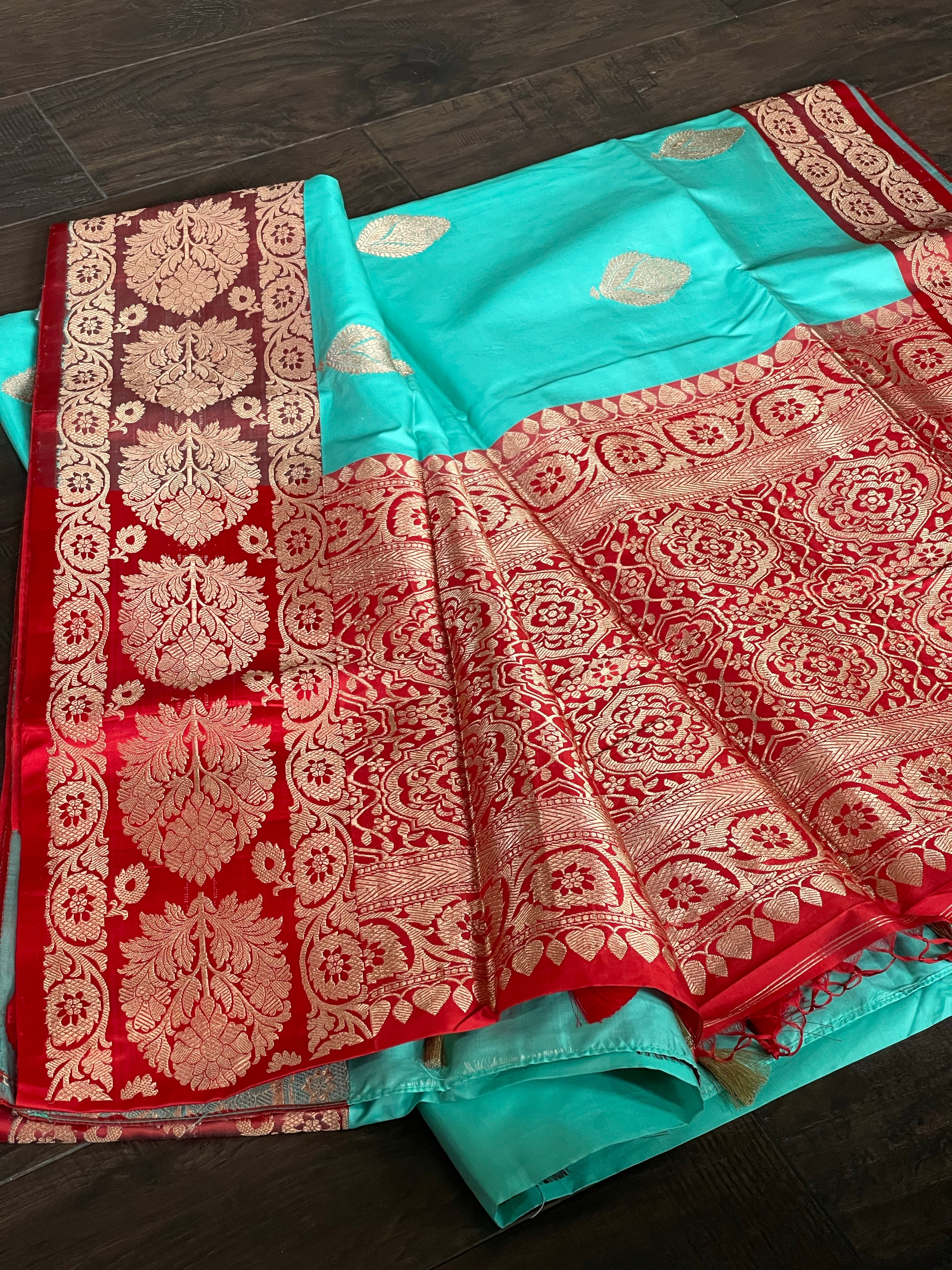 Katan Silk Banarasi - Aqua Sea-green Red