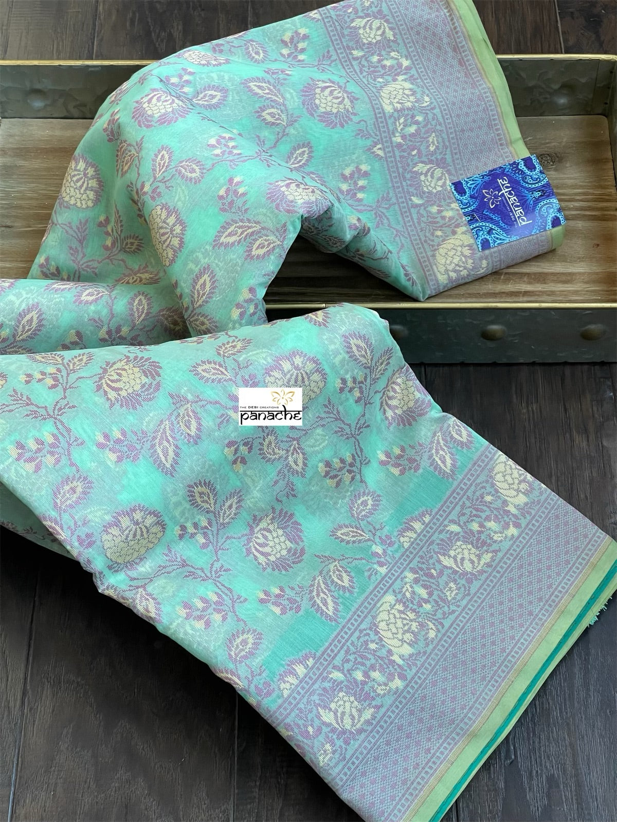 Kora Cotton Banarasi - Mint Green Violet