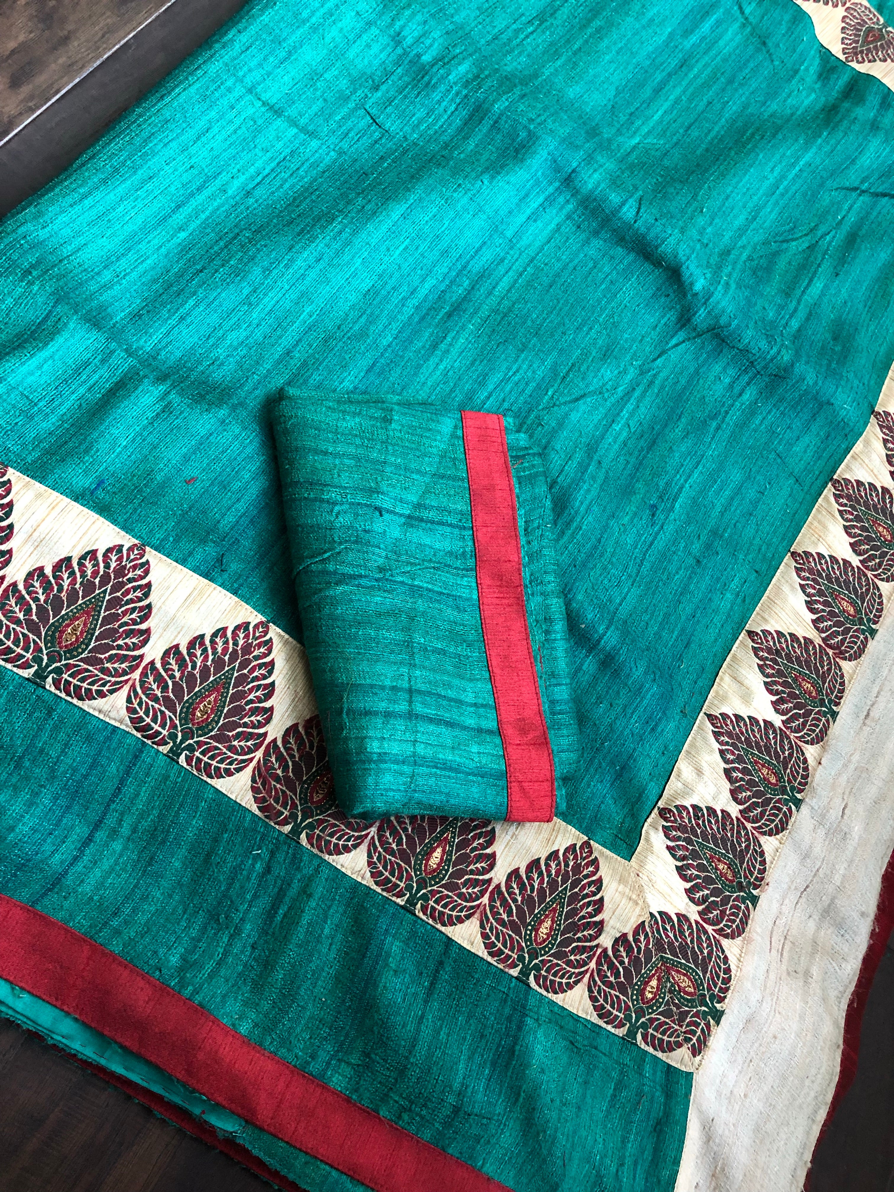 Designer Tussar Gicha Silk - Green Zari Motifs