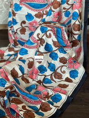 Pure Bishnupur Silk -  Ivory Pink Blue Pen-Kalamkari