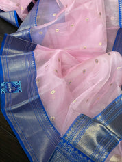 Pure Chanderi Organza Silk - Baby Pink Blue Eknaliya