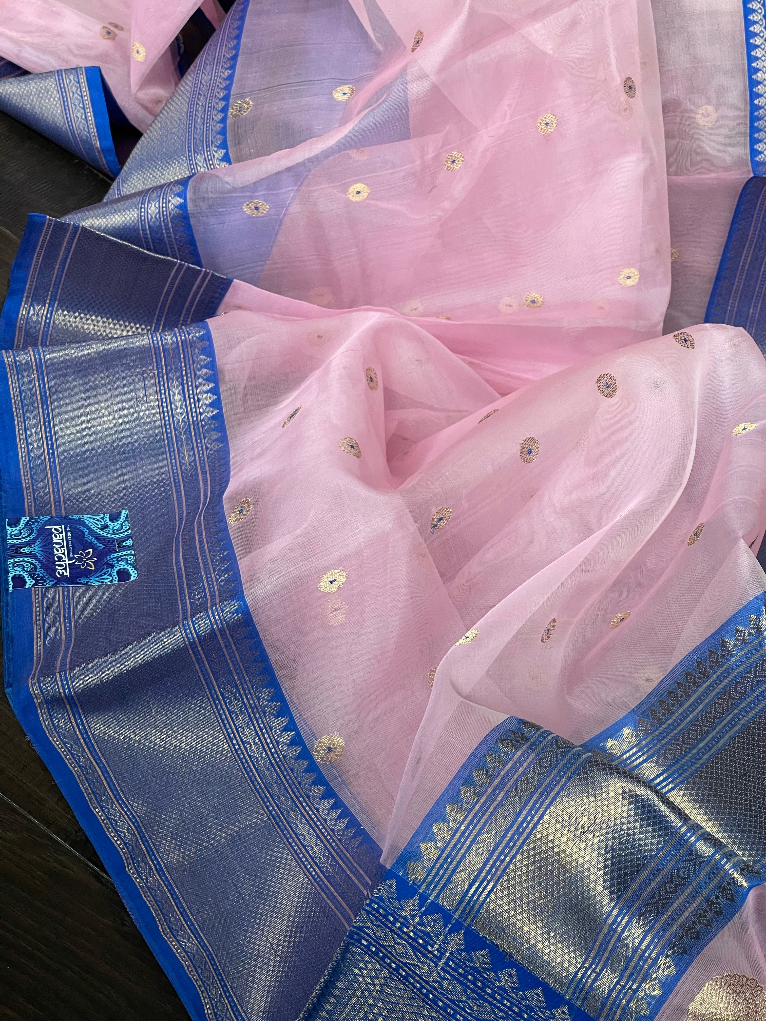 Pure Chanderi Organza Silk - Baby Pink Blue Eknaliya