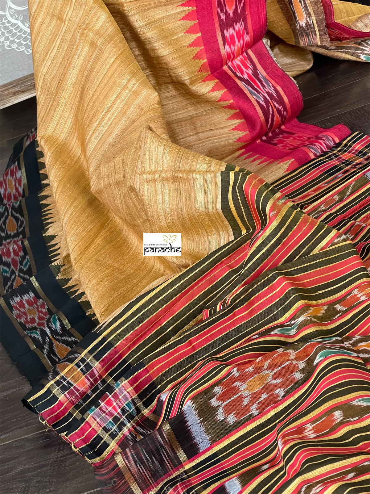 Pure Gicha Tussar Silk - Yellow Red Black