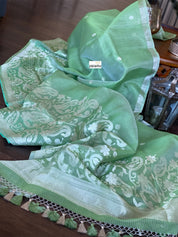 Linen Silk Banarsi - Pista Green Silver Zari