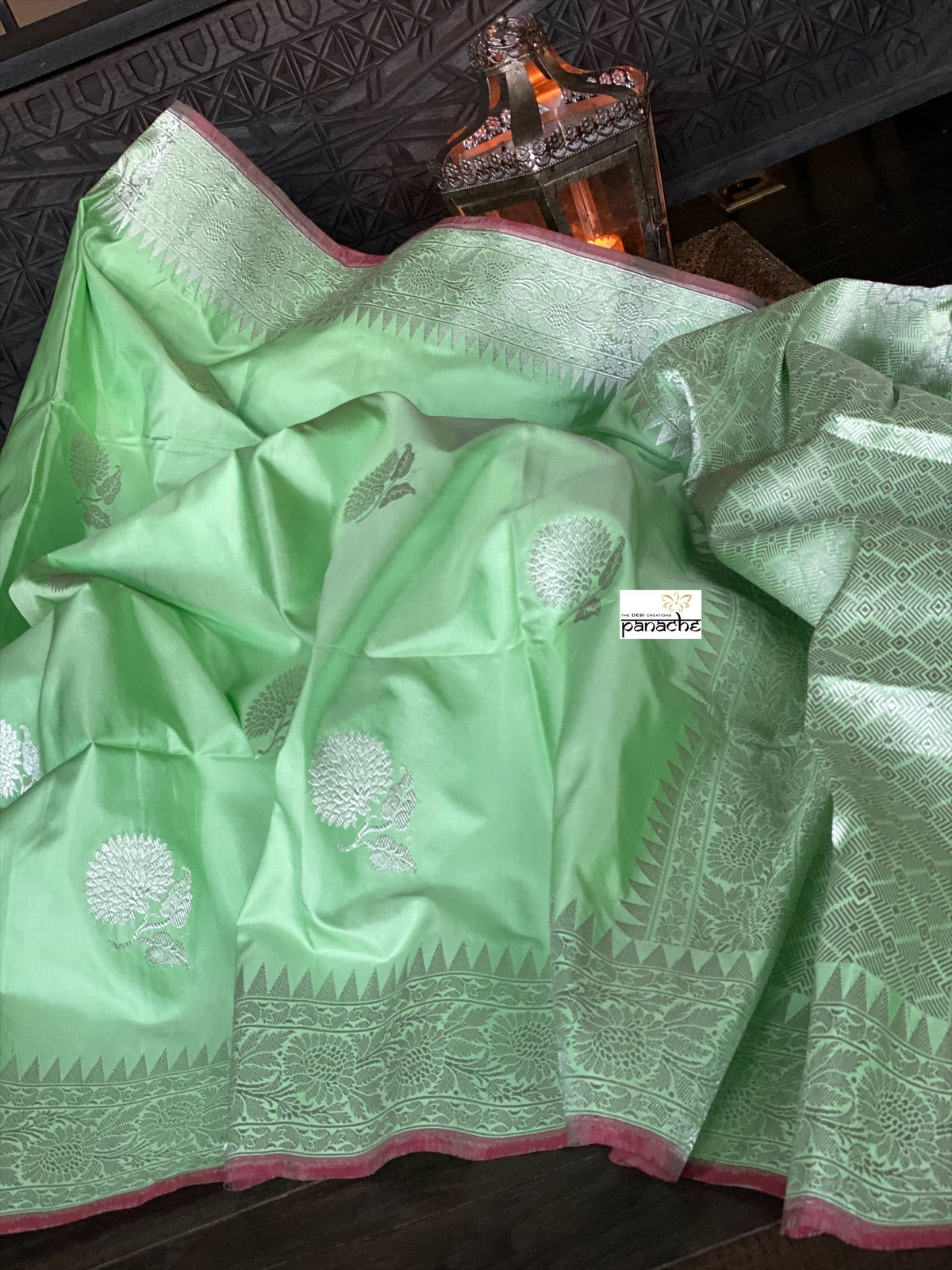 Katan Silk Banarasi - Mint Green Khadwa Silver Zari Woven