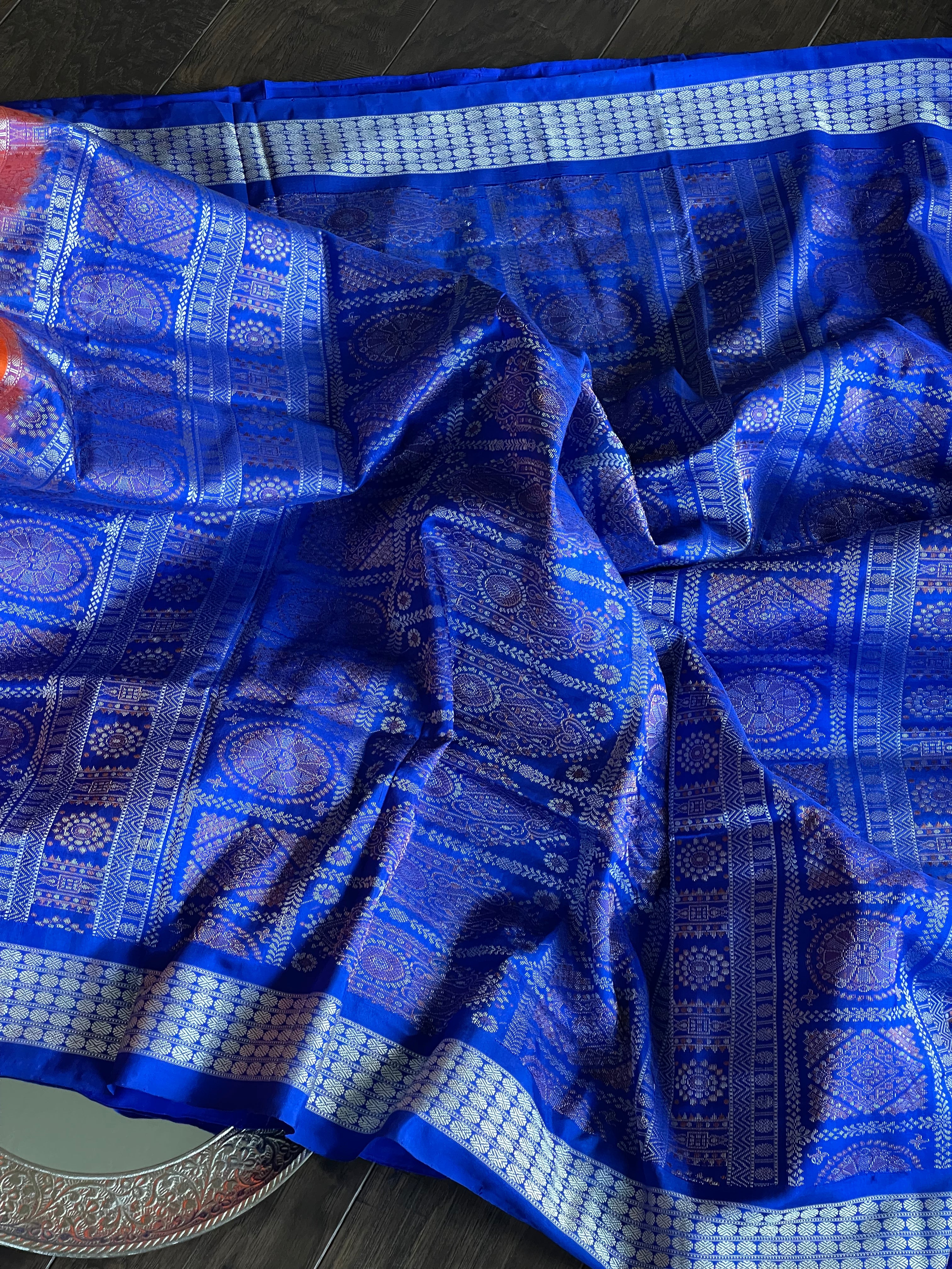 Pure Silk Bomkai - Orange Royal Blue