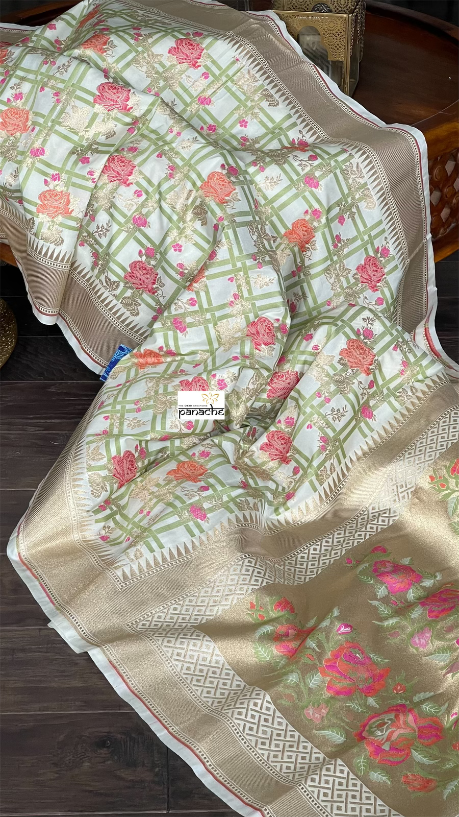 Soft Silk Banarasi - Off-White Checkered woven
