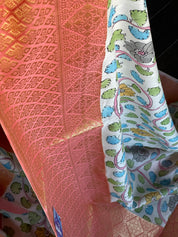 Pure Cotton Silk Kalamkari Banarasi- Off White Peach