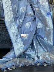 Pure Katan Silk Banarasi - Bluish Grey Meenakari Kadwa