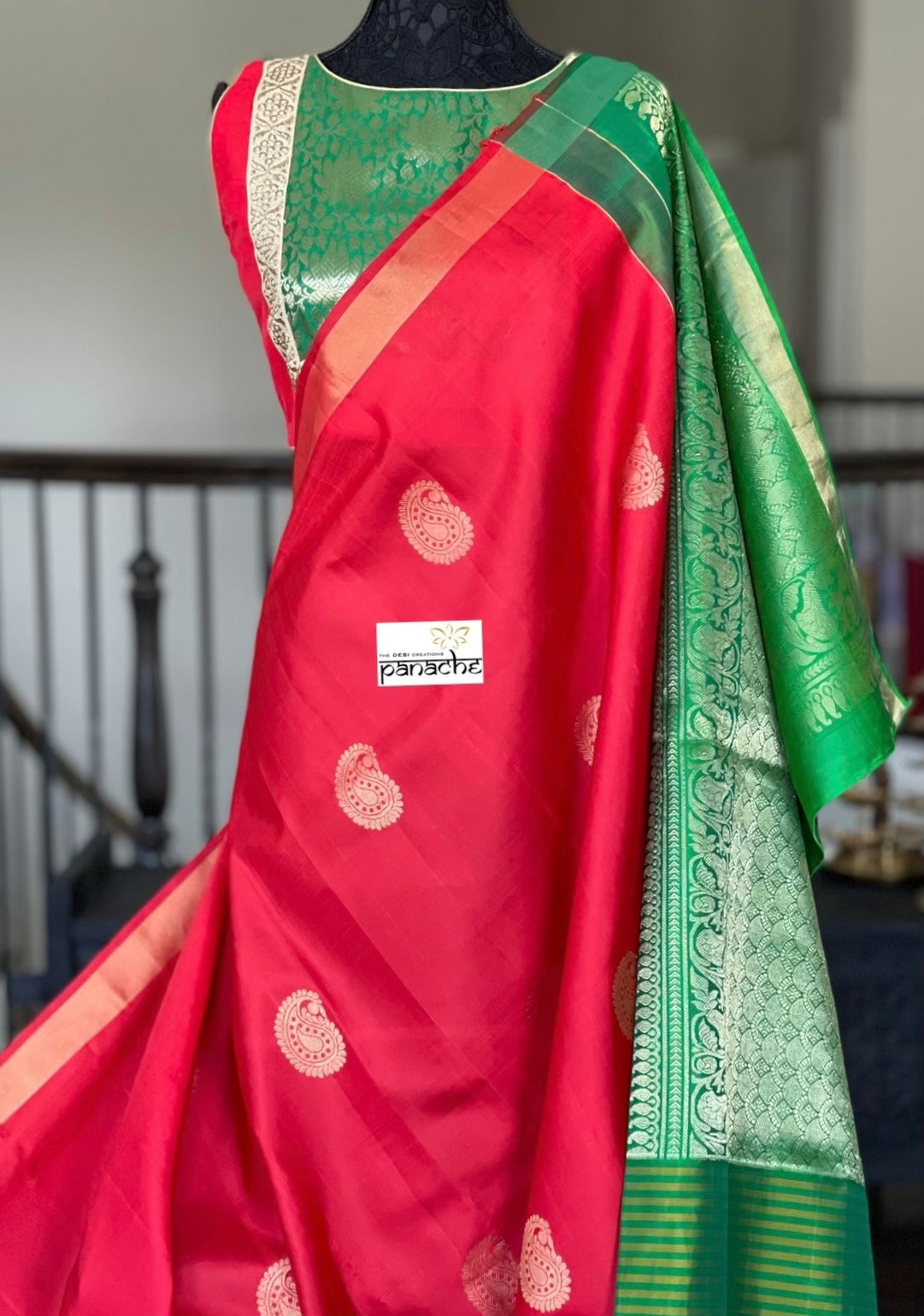 Pure Silk Kanjivaram - Red Green Paisley