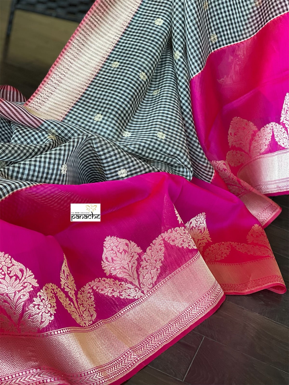 Kora Linen Silk Banarsi - Black White Checks Pink