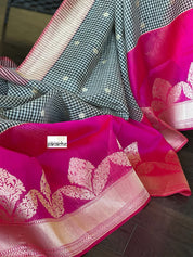 Kora Linen Silk Banarsi - Black White Checks Pink